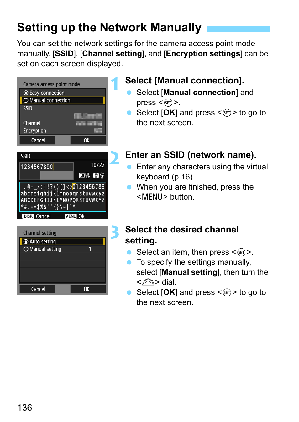 Setting up the network manually | Canon EOS 1300D User Manual | Page 136 / 144