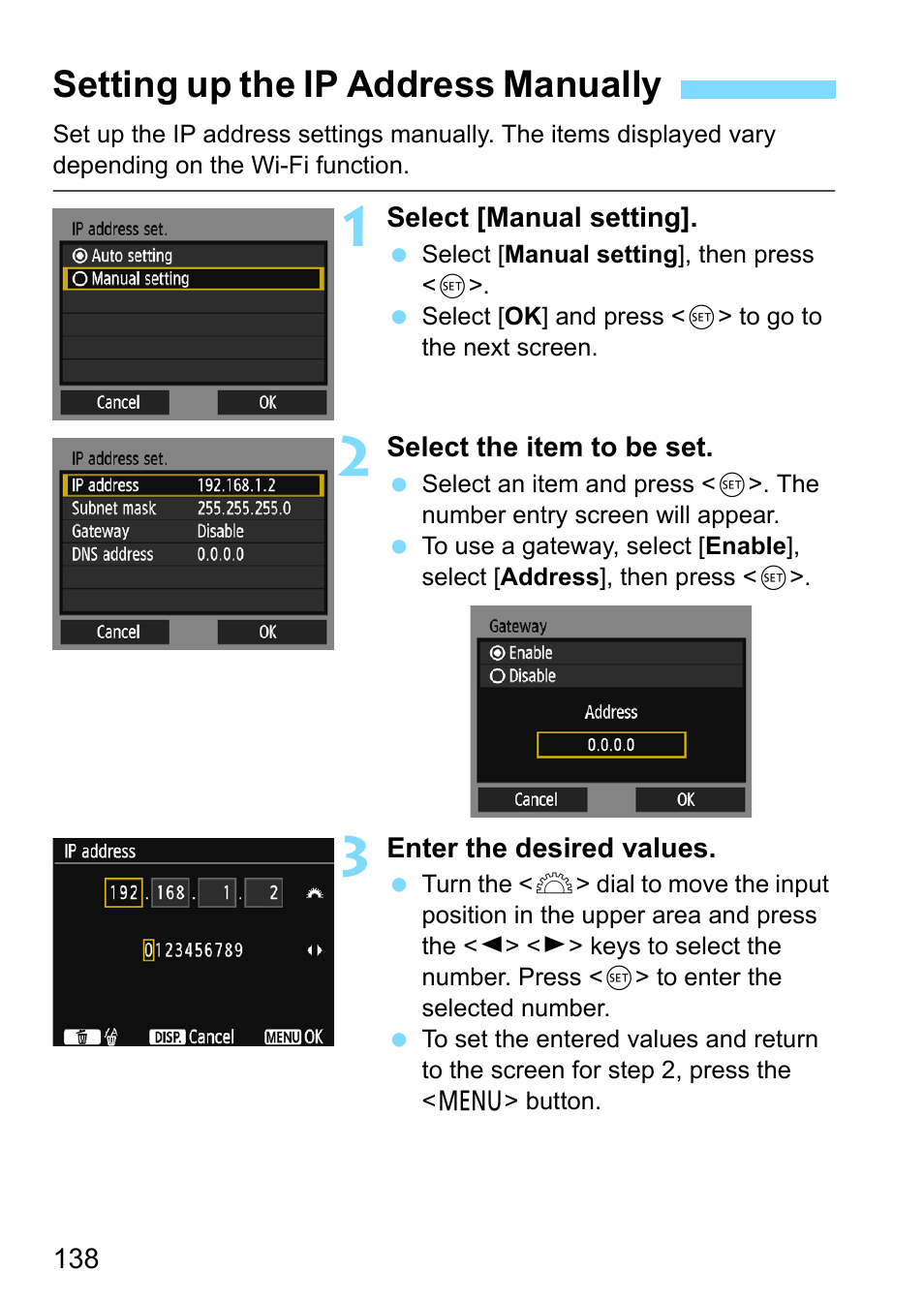 Setting up the ip address manually | Canon EOS 1300D User Manual | Page 138 / 144