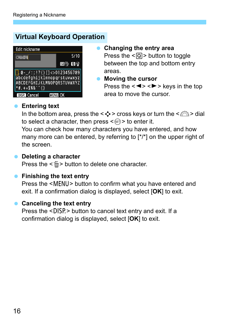 Virtual keyboard operation | Canon EOS 1300D User Manual | Page 16 / 144