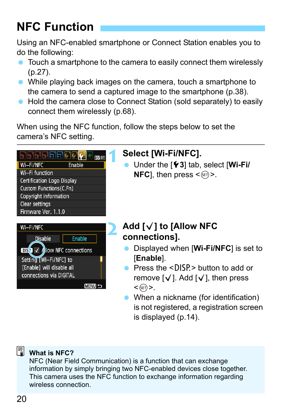 Nfc function, Age 20 | Canon EOS 1300D User Manual | Page 20 / 144