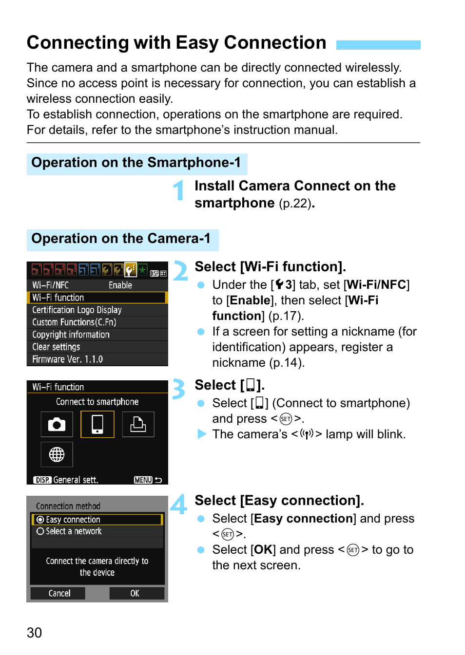 Connecting with easy connection, E 30, 30) o | Canon EOS 1300D User Manual | Page 30 / 144