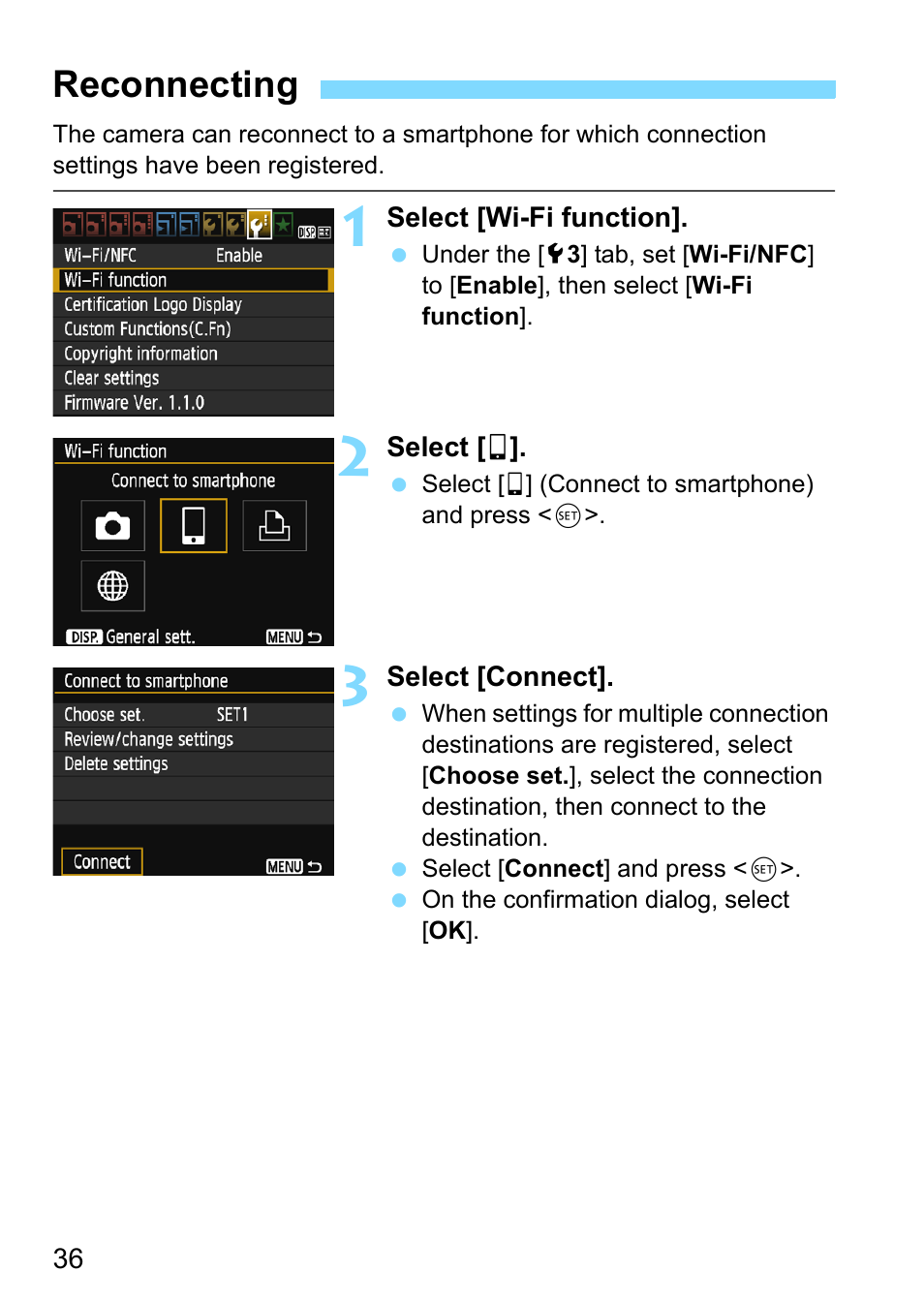 Reconnecting | Canon EOS 1300D User Manual | Page 36 / 144