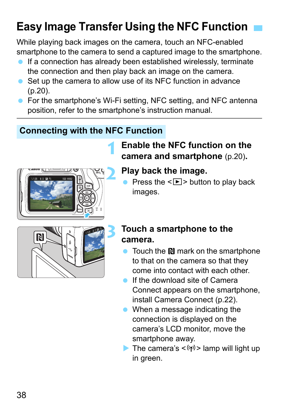 Easy image transfer using the nfc function, One (p.38), Age 38 | Canon EOS 1300D User Manual | Page 38 / 144