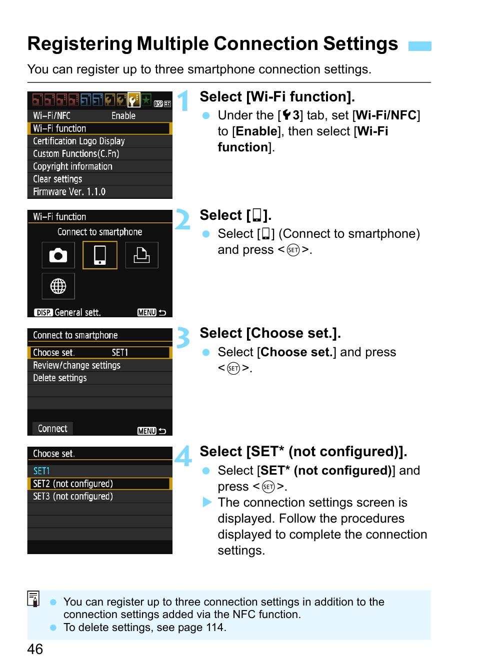 Registering multiple connection settings | Canon EOS 1300D User Manual | Page 46 / 144