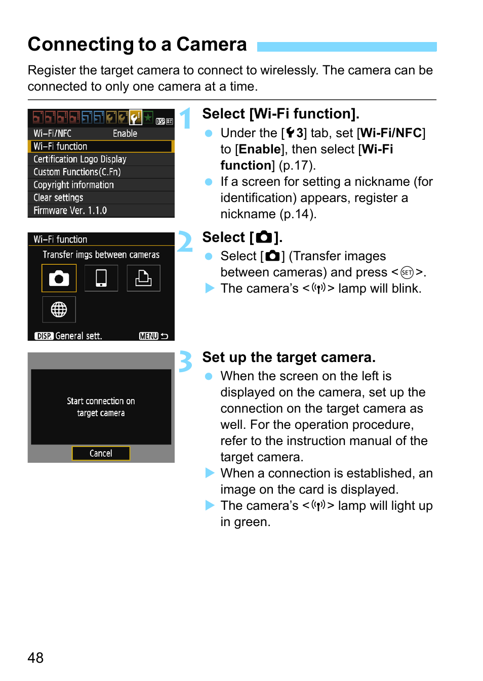 Connecting to a camera | Canon EOS 1300D User Manual | Page 48 / 144