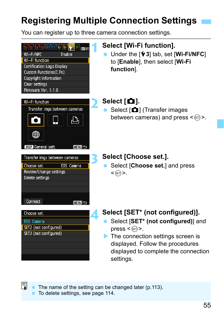 Registering multiple connection settings | Canon EOS 1300D User Manual | Page 55 / 144