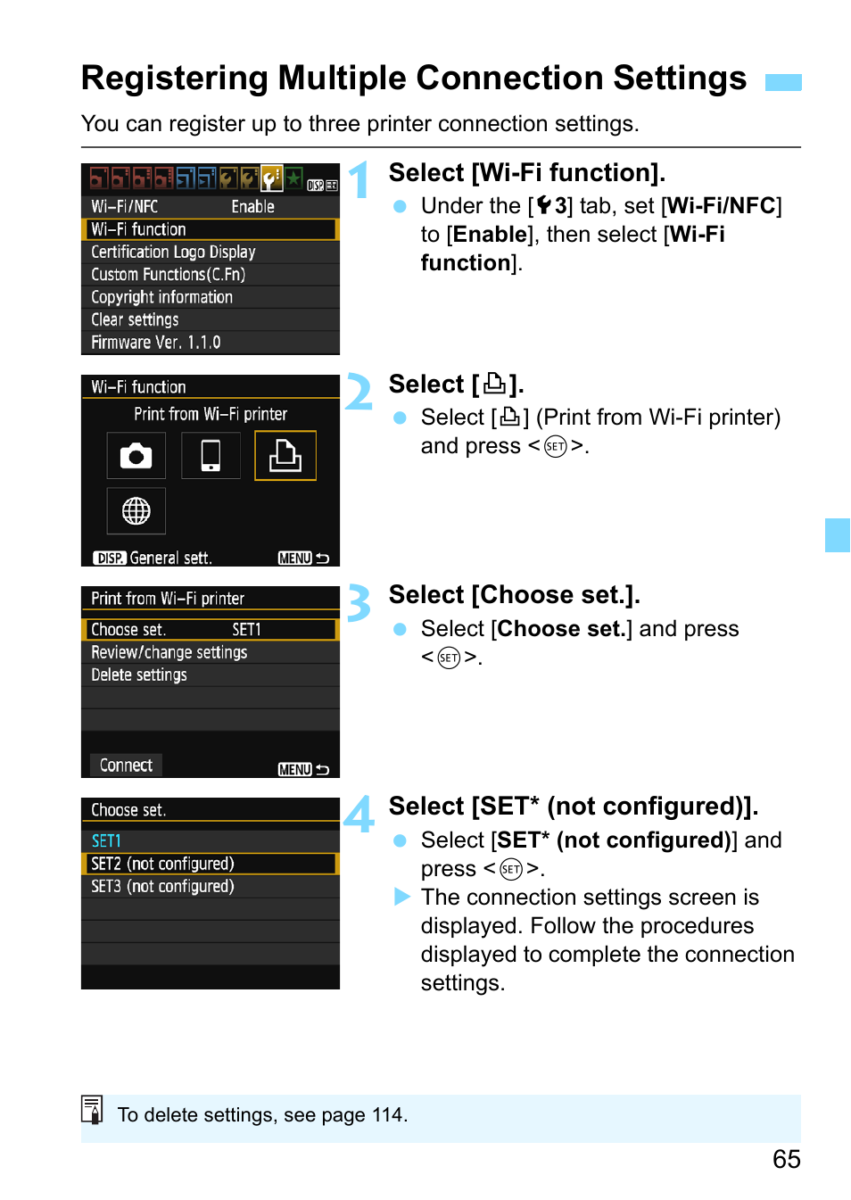 Registering multiple connection settings | Canon EOS 1300D User Manual | Page 65 / 144