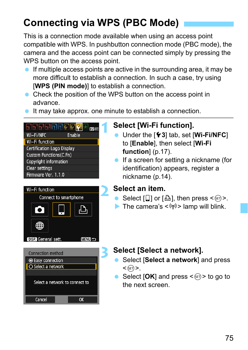 Connecting via wps (pbc mode), Age 75 | Canon EOS 1300D User Manual | Page 75 / 144