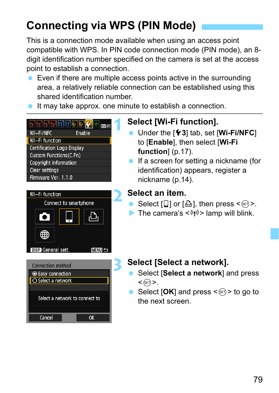 Connecting via wps (pin mode), Age 79 | Canon EOS 1300D User Manual | Page 79 / 144