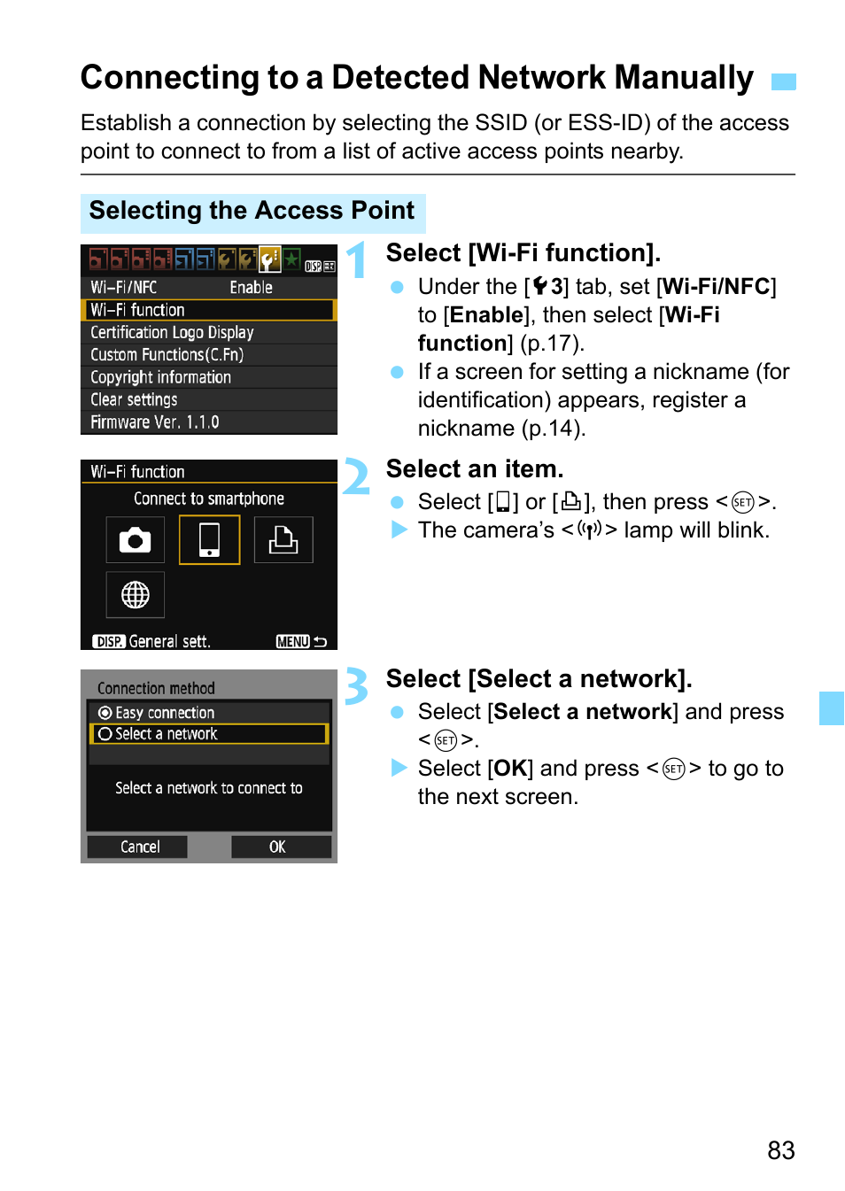 Connecting to a detected network manually, Age 83 | Canon EOS 1300D User Manual | Page 83 / 144