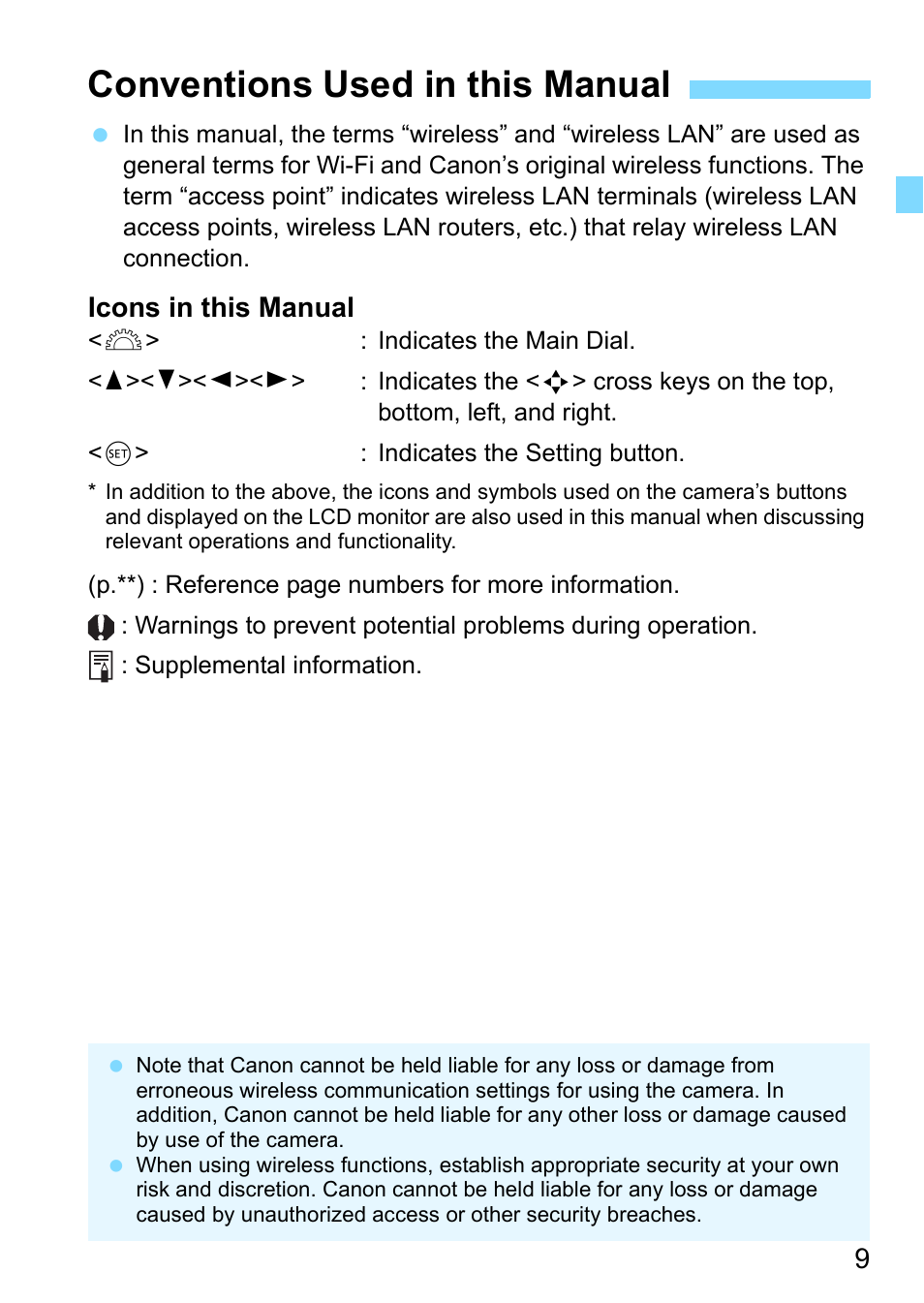 Conventions used in this manual, Icons in this manual | Canon EOS 1300D User Manual | Page 9 / 144