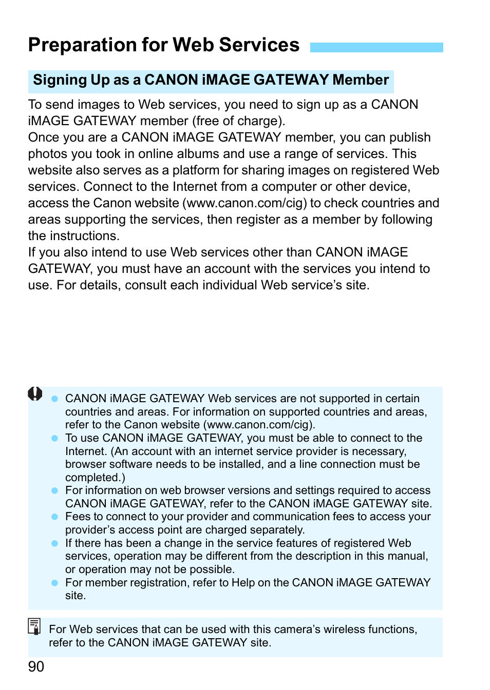 Preparation for web services, Signing up as a canon image gateway member | Canon EOS 1300D User Manual | Page 90 / 144