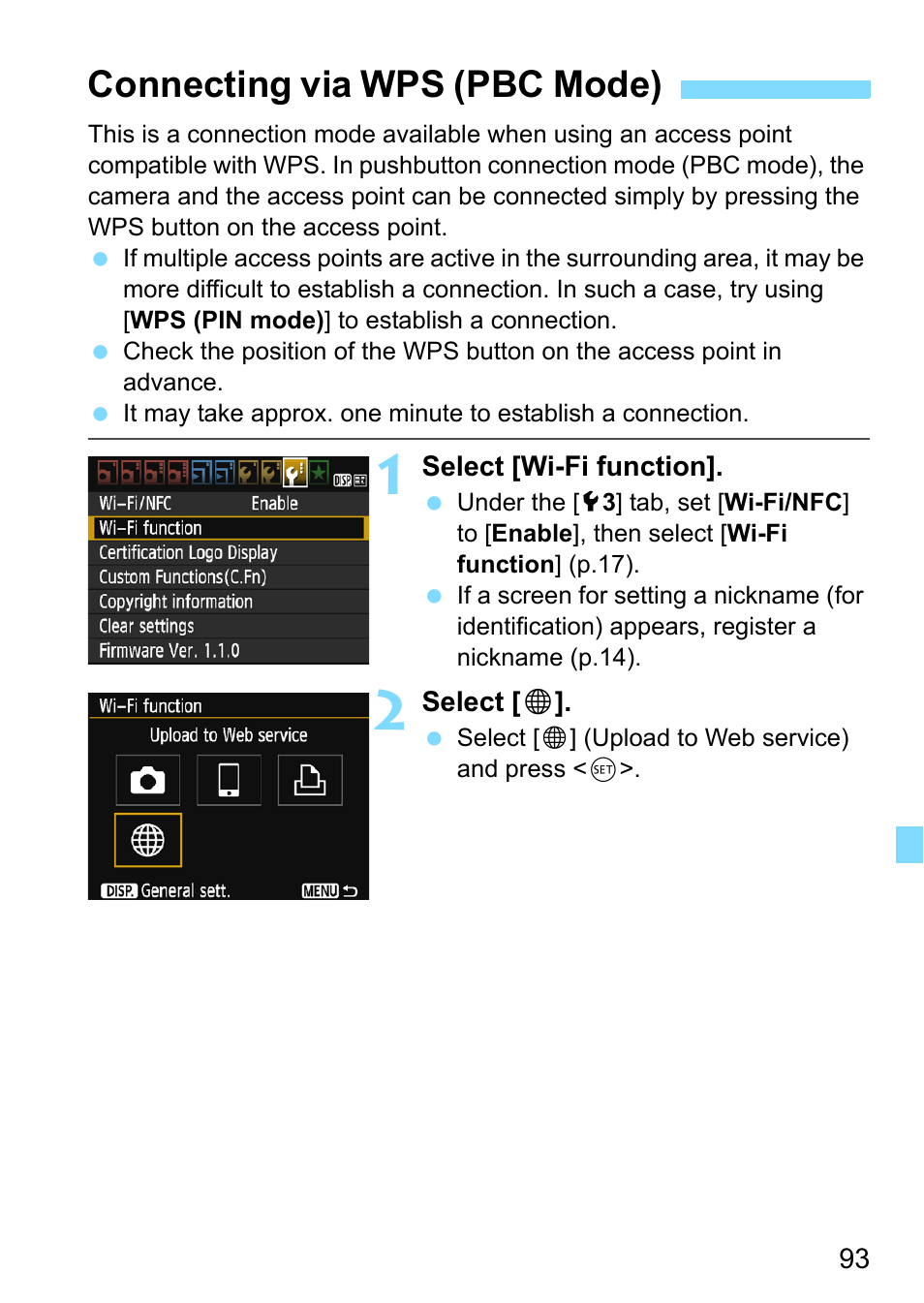 Connecting via wps (pbc mode), Age 93 | Canon EOS 1300D User Manual | Page 93 / 144