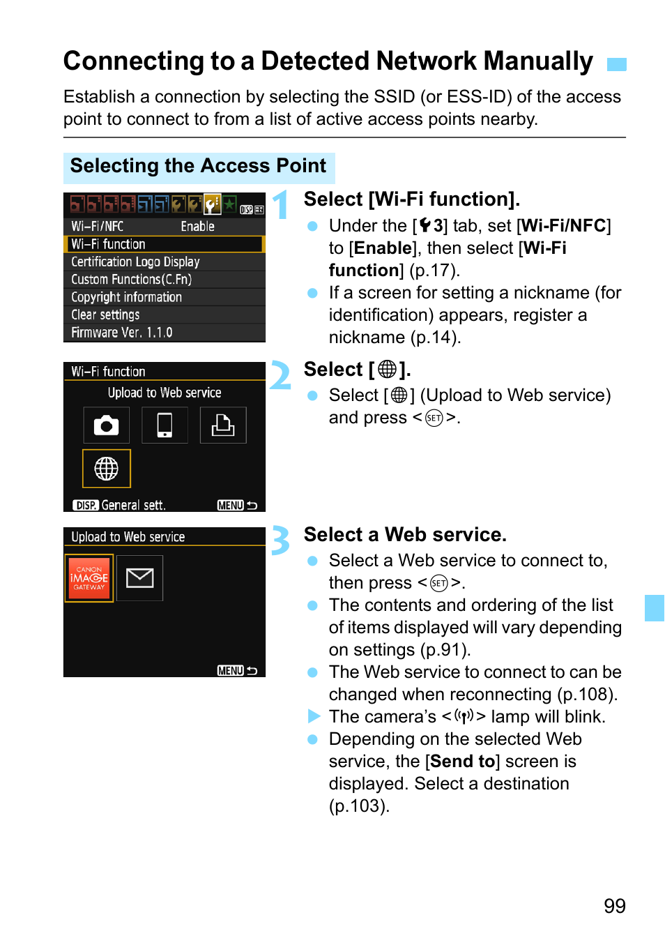 Connecting to a detected network manually, Age 99 | Canon EOS 1300D User Manual | Page 99 / 144