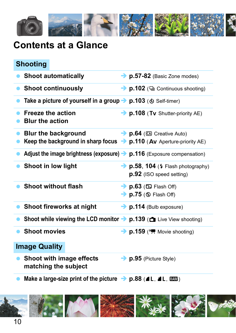 Contents at a glance, Shooting, Image quality | Canon EOS 1300D User Manual | Page 10 / 326