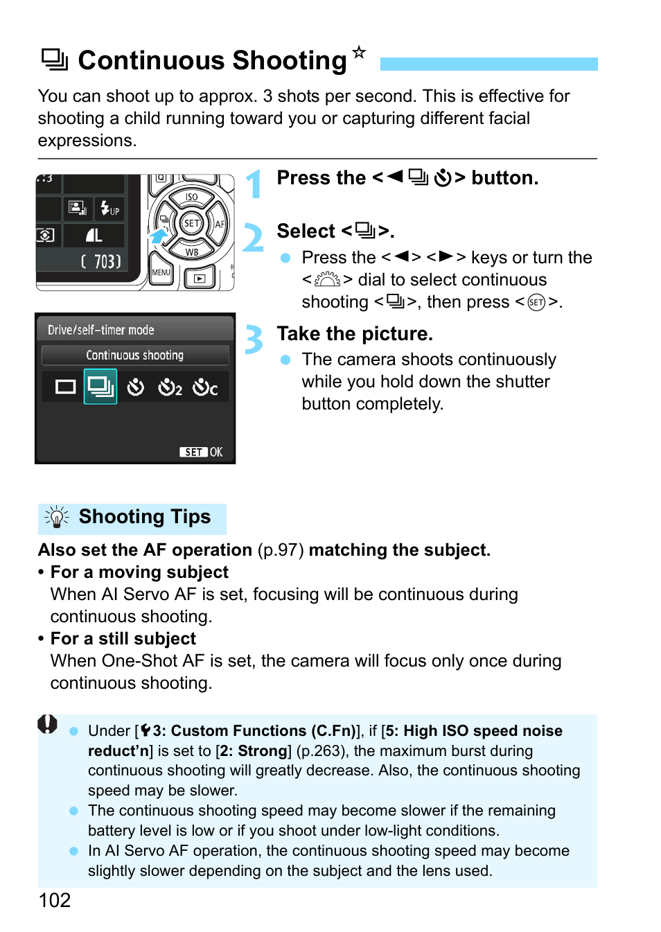 Continuous shooting, P.102, Drive/self-timer (p.102-103) | Icontinuous shooting n | Canon EOS 1300D User Manual | Page 102 / 326