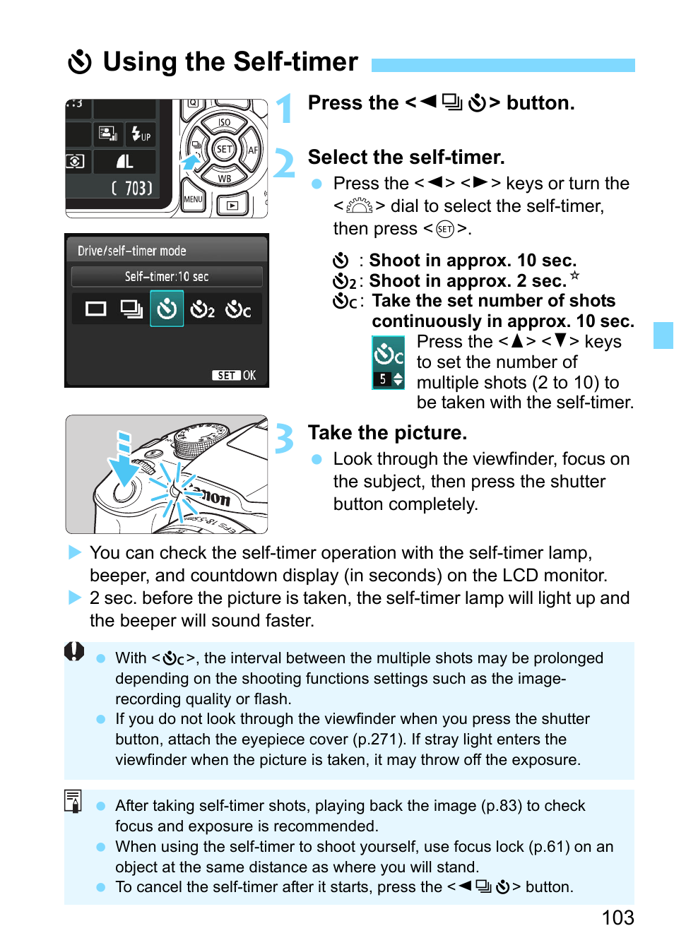 Using the self-timer, P.103, Jusing the self-timer | Canon EOS 1300D User Manual | Page 103 / 326