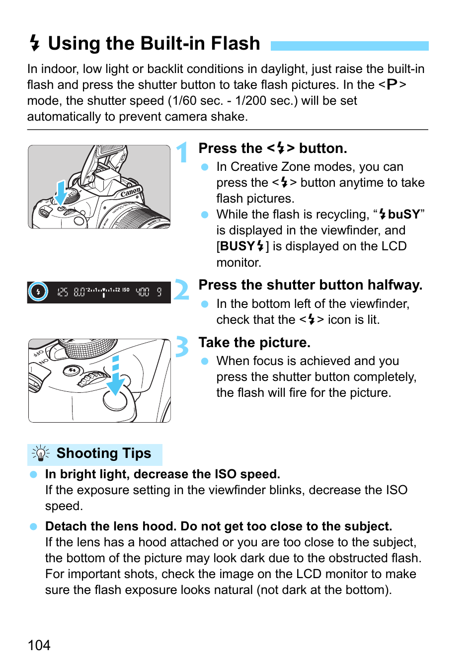 Using the built-in flash, Dusing the built-in flash | Canon EOS 1300D User Manual | Page 104 / 326