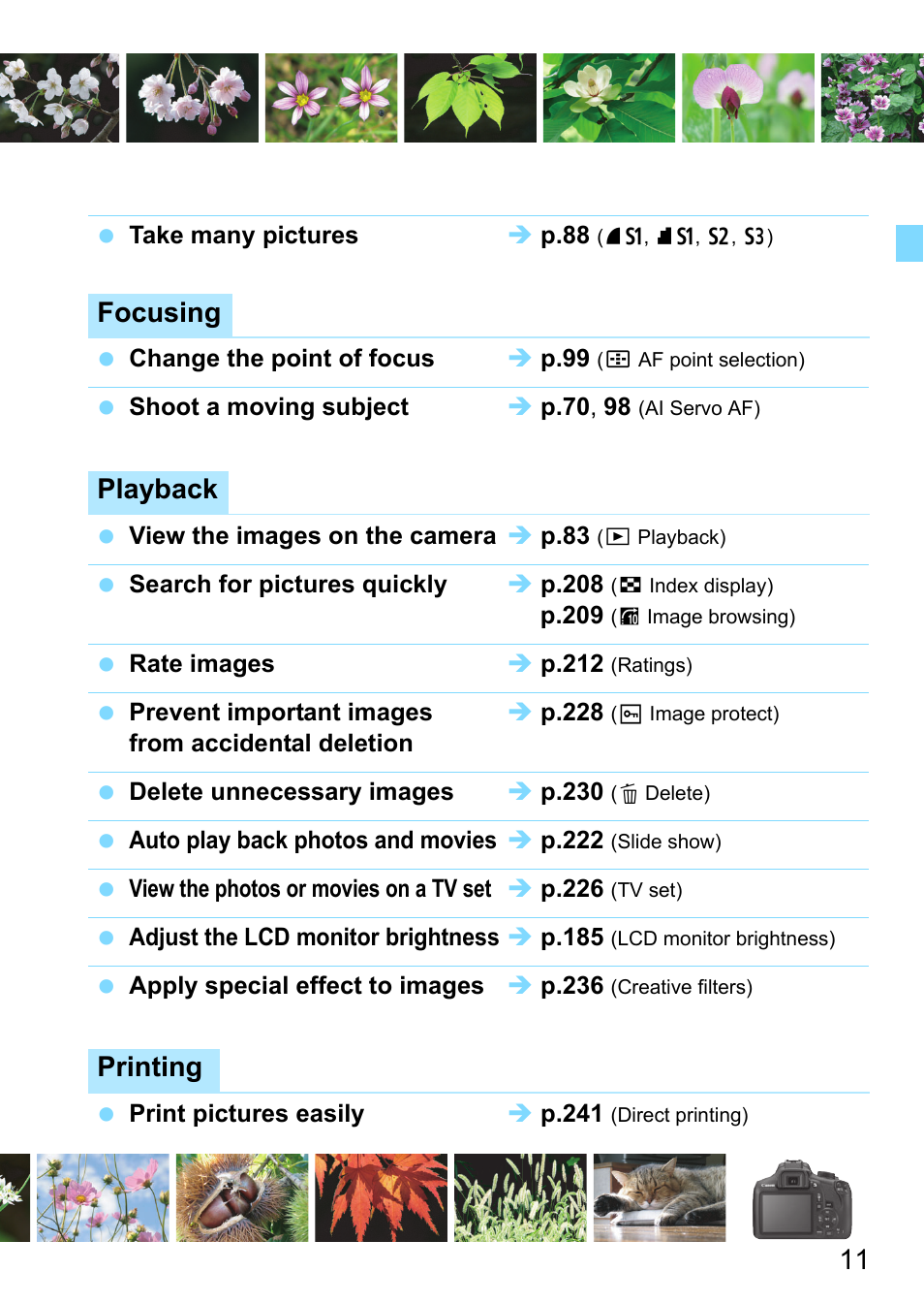 Focusing, Playback, Printing | Canon EOS 1300D User Manual | Page 11 / 326