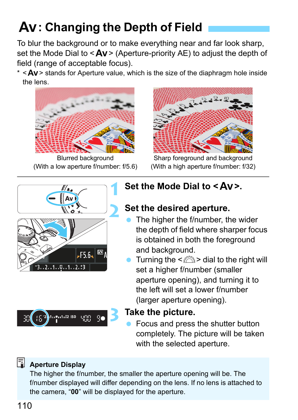 Changing the depth of field, P.110, Ity ae (p.110) | Erture (p.110), F: changing the depth of field | Canon EOS 1300D User Manual | Page 110 / 326