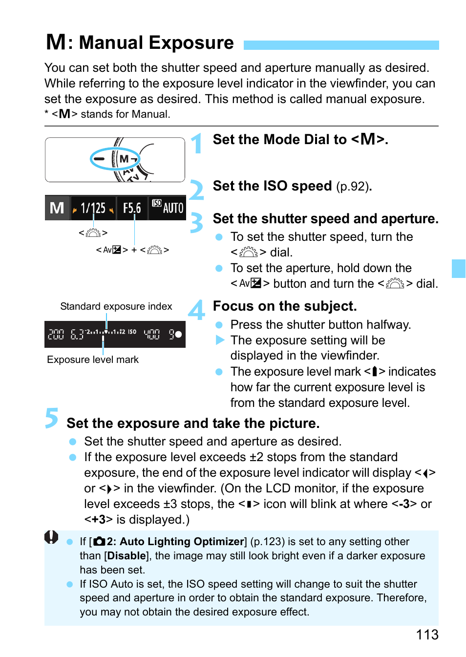 Manual exposure, E (p.113), A: manual exposure | Canon EOS 1300D User Manual | Page 113 / 326