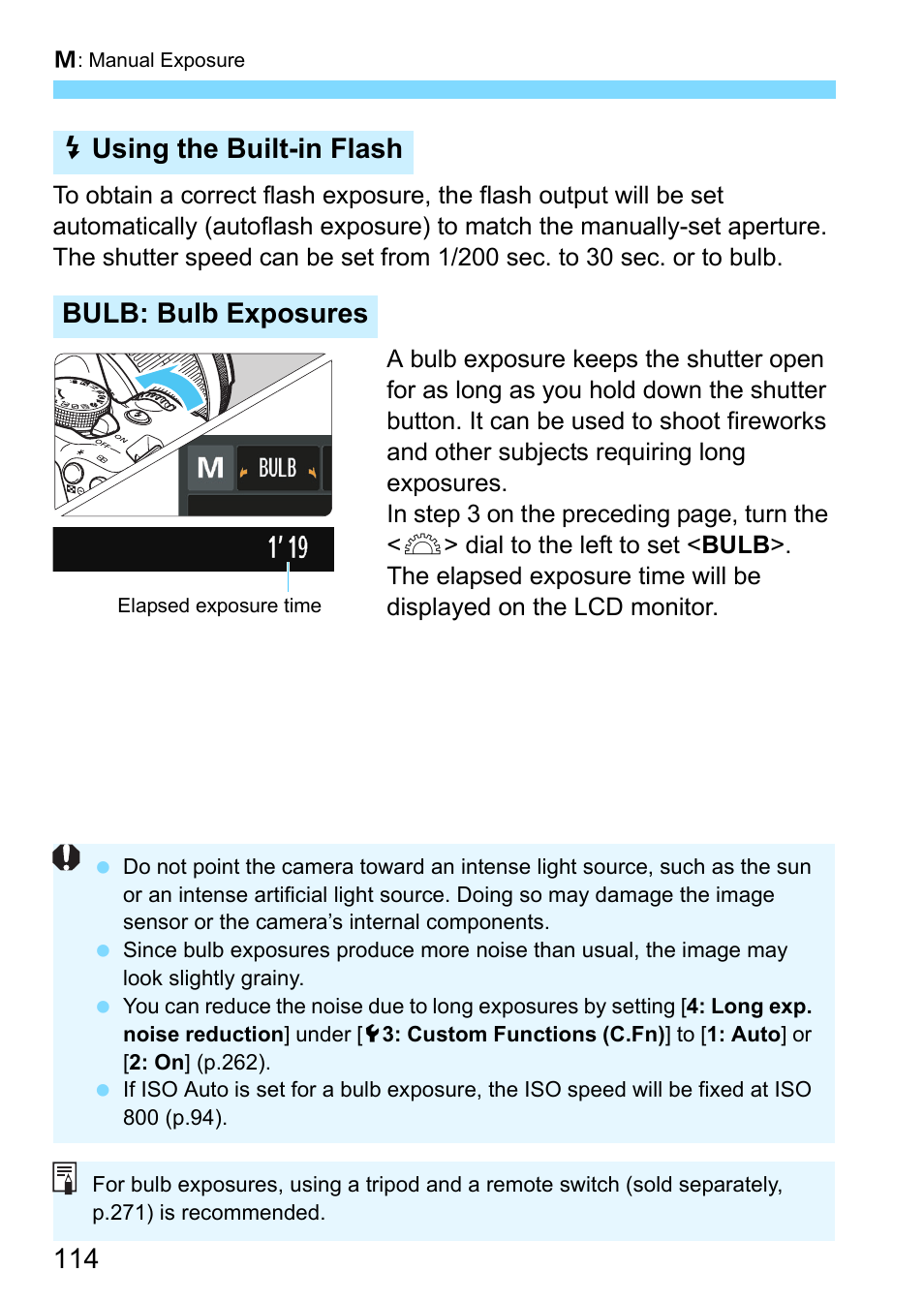 P.114, Iusing the built-in flash bulb: bulb exposures | Canon EOS 1300D User Manual | Page 114 / 326
