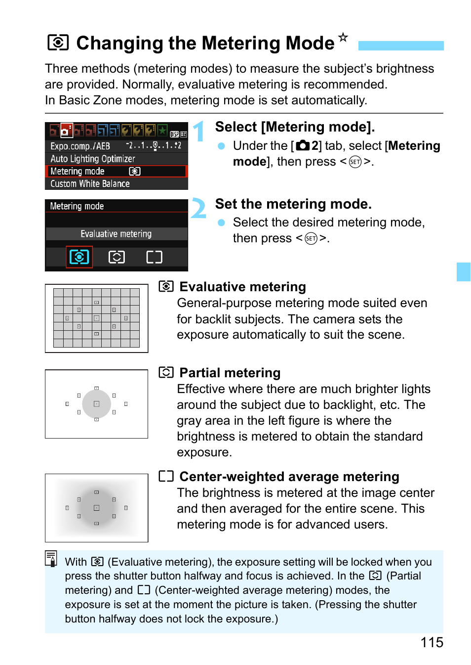 Changing the metering mode, P.115, P.115) | Ring mode (p.115), Qchanging the metering mode n | Canon EOS 1300D User Manual | Page 115 / 326