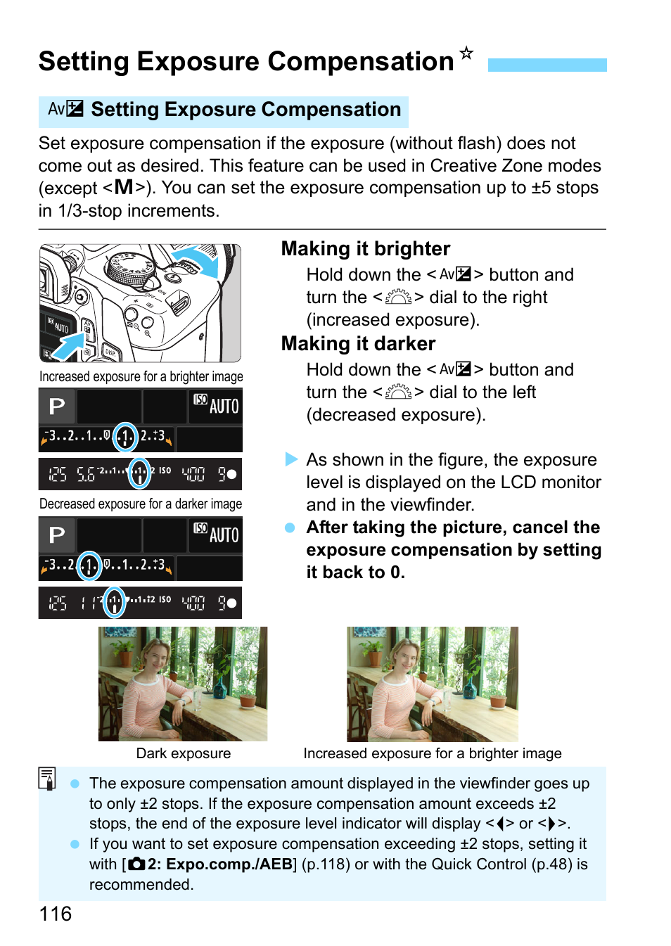 Setting exposure compensation, P.116, Ng (p.116, 1 | Setting exposure compensation n, Making it brighter, Making it darker, Osetting exposure compensation | Canon EOS 1300D User Manual | Page 116 / 326