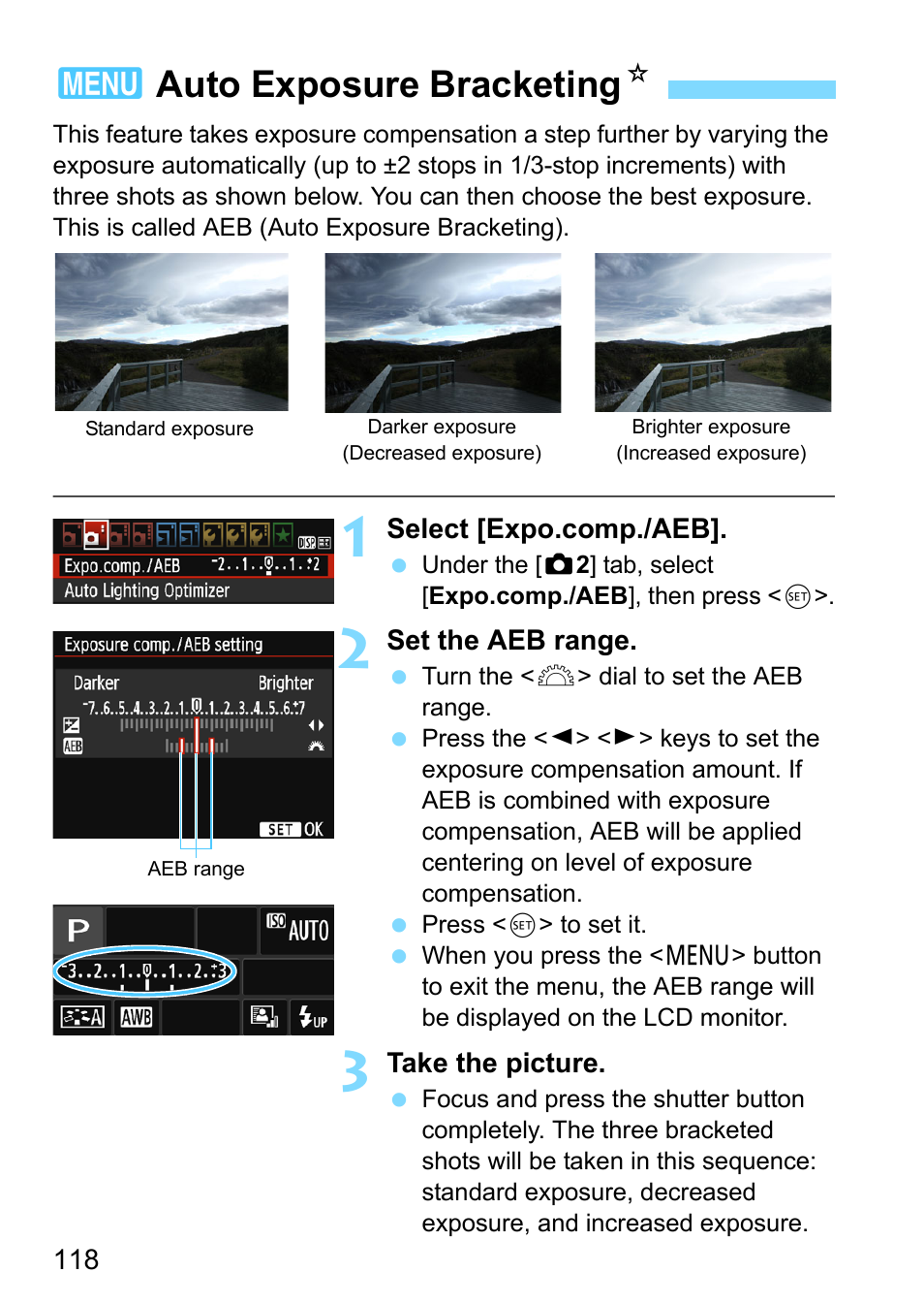 Auto exposure bracketing, 3auto exposure bracketing n | Canon EOS 1300D User Manual | Page 118 / 326