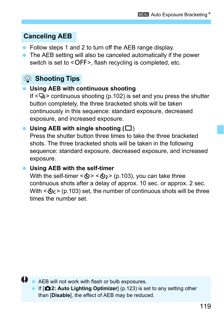 Canceling aeb shooting tips | Canon EOS 1300D User Manual | Page 119 / 326