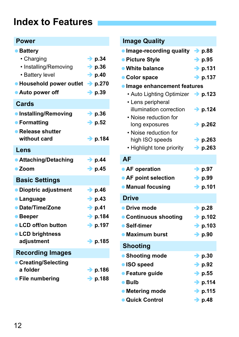 Index to features | Canon EOS 1300D User Manual | Page 12 / 326