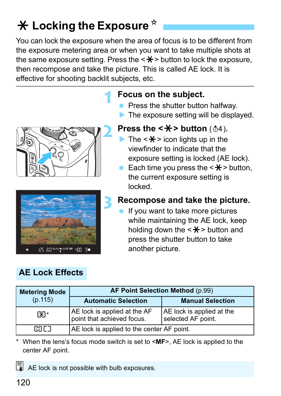 Locking the exposure, Alocking the exposure n | Canon EOS 1300D User Manual | Page 120 / 326