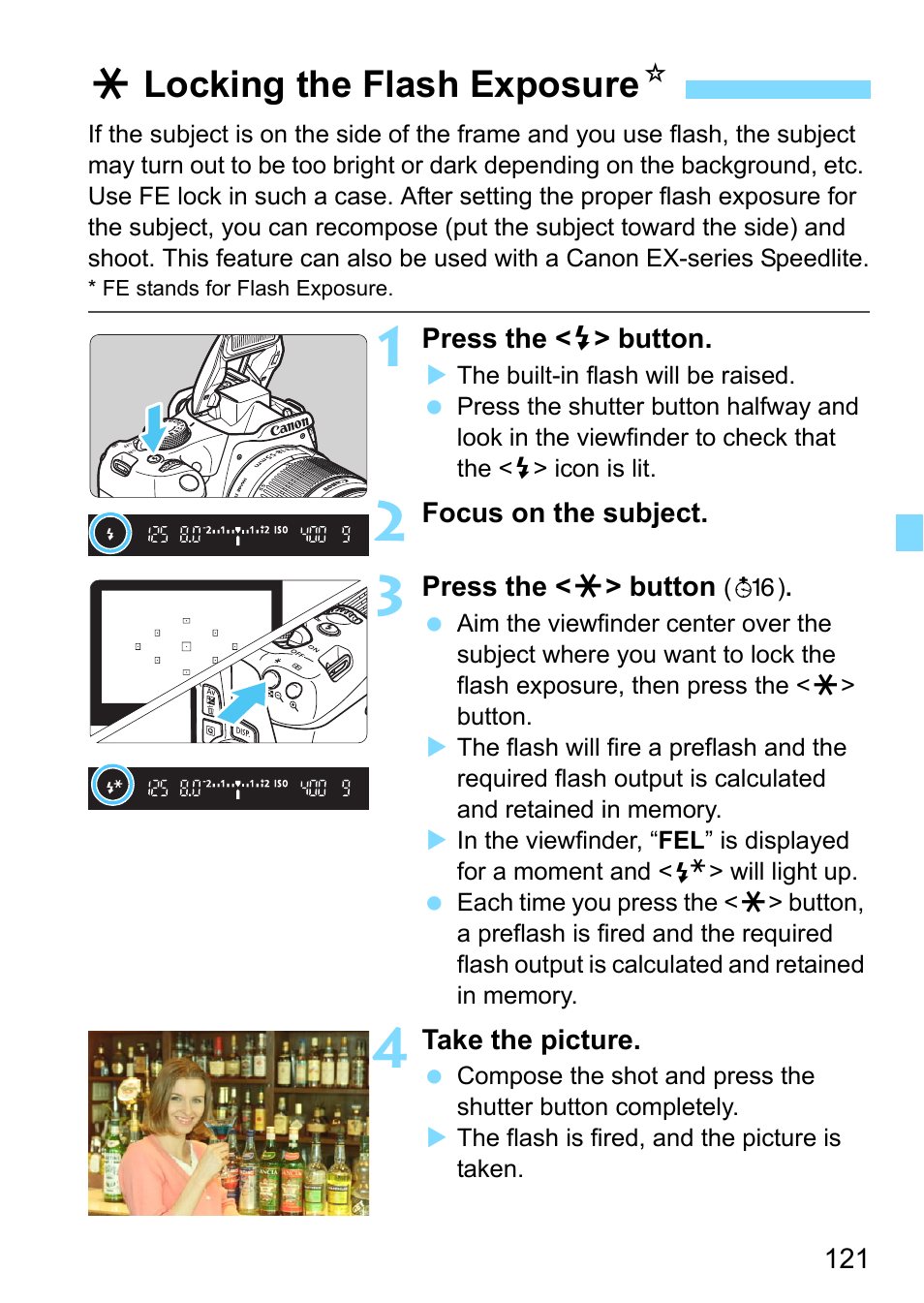 Locking the flash exposure, Alocking the flash exposure n | Canon EOS 1300D User Manual | Page 121 / 326