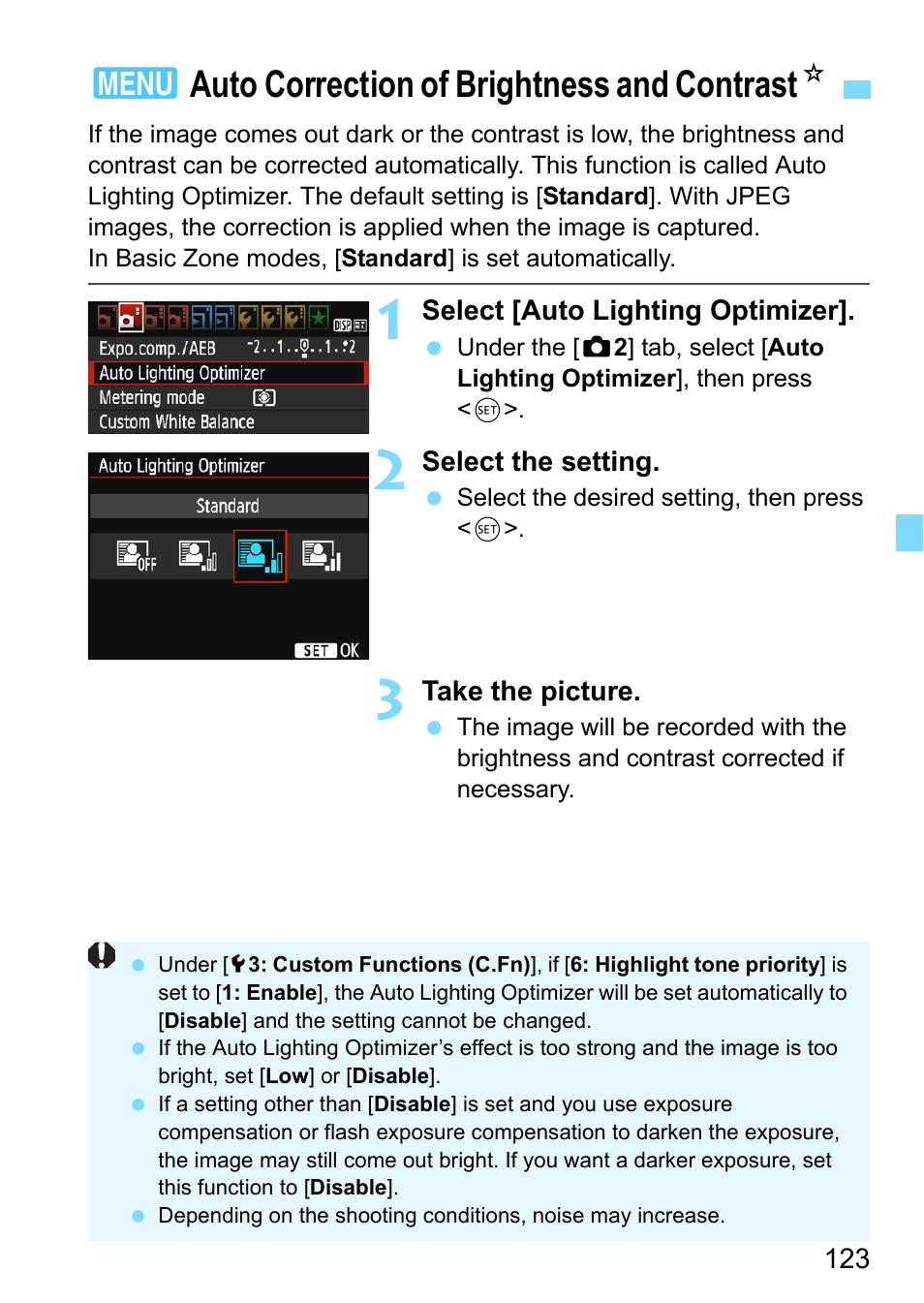 Auto correction of brightness and contrast, P.123), P.123 | 123) is, 3auto correction of brightness and contrast n | Canon EOS 1300D User Manual | Page 123 / 326