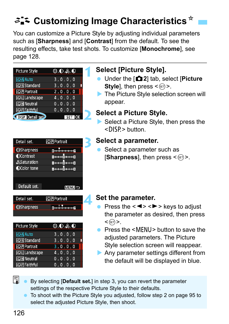 Customizing image characteristics, Acustomizing image characteristics n | Canon EOS 1300D User Manual | Page 126 / 326
