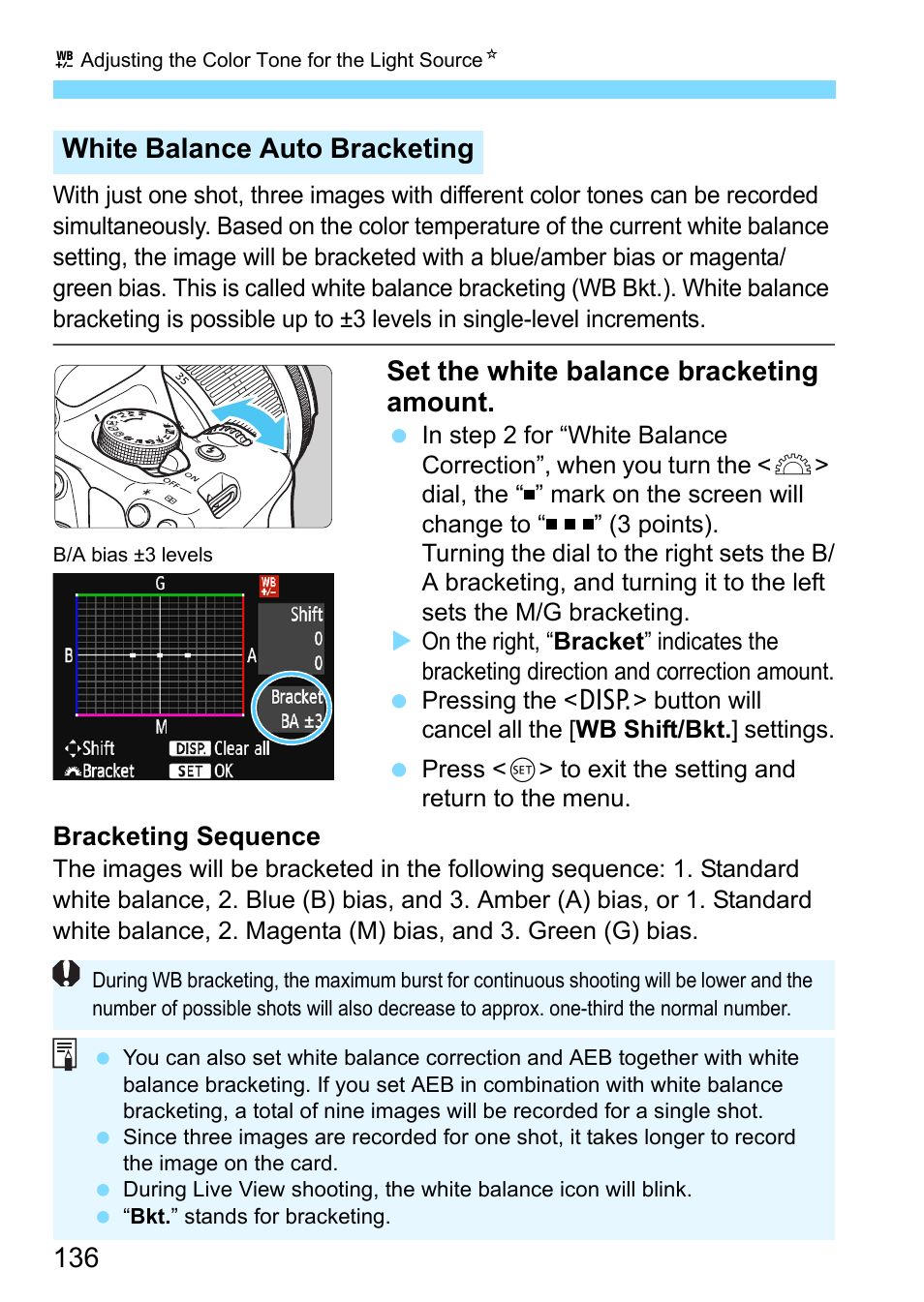 P.136, Set the white balance bracketing amount, White balance auto bracketing | Canon EOS 1300D User Manual | Page 136 / 326