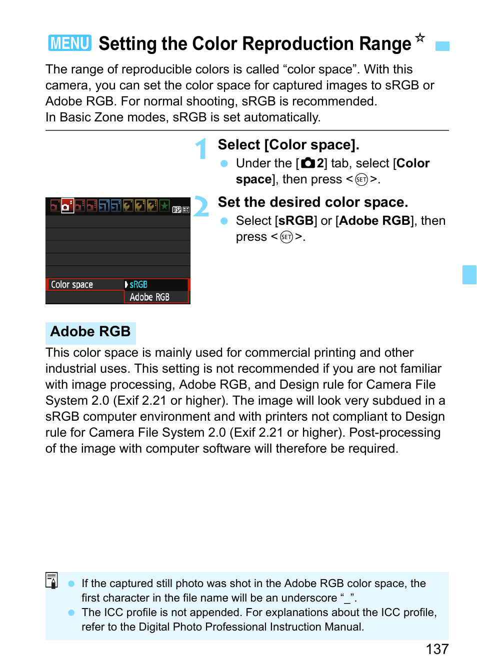 Setting the color reproduction range, P.137, 3setting the color reproduction range n | Canon EOS 1300D User Manual | Page 137 / 326