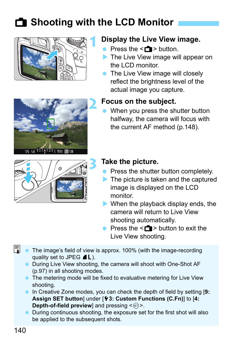 Shooting with the lcd monitor, P.140) and, Ashooting with the lcd monitor | Canon EOS 1300D User Manual | Page 140 / 326