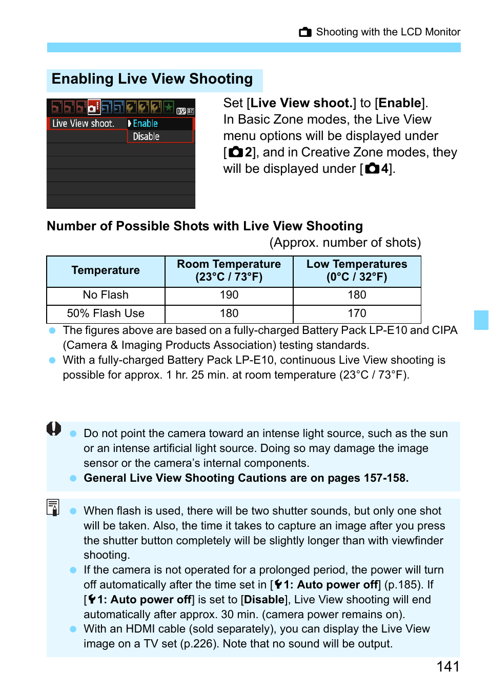 Enabling live view shooting | Canon EOS 1300D User Manual | Page 141 / 326