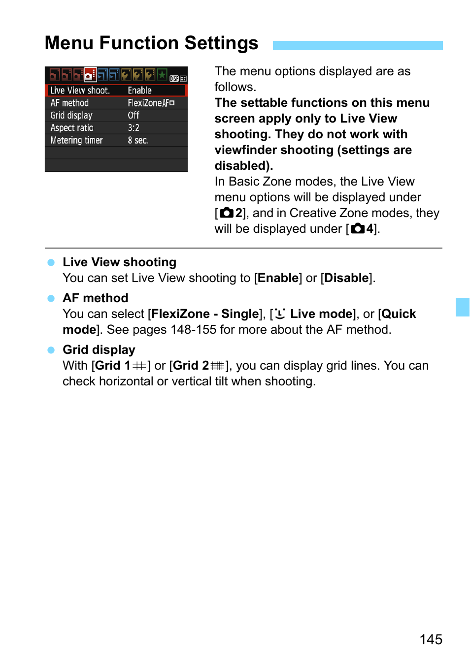 Menu function settings | Canon EOS 1300D User Manual | Page 145 / 326