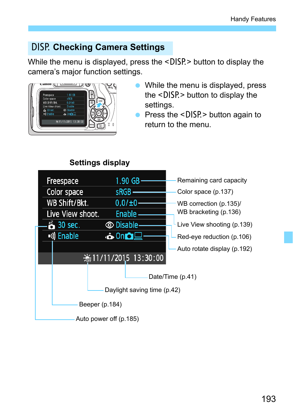 P.193), Bchecking camera settings | Canon EOS 1300D User Manual | Page 193 / 326