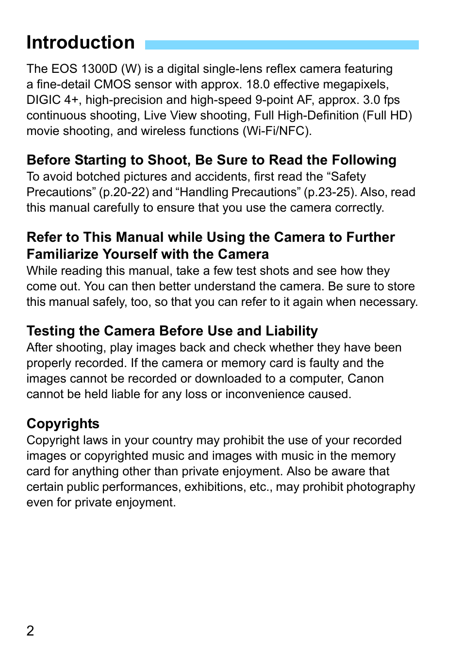 Introduction | Canon EOS 1300D User Manual | Page 2 / 326