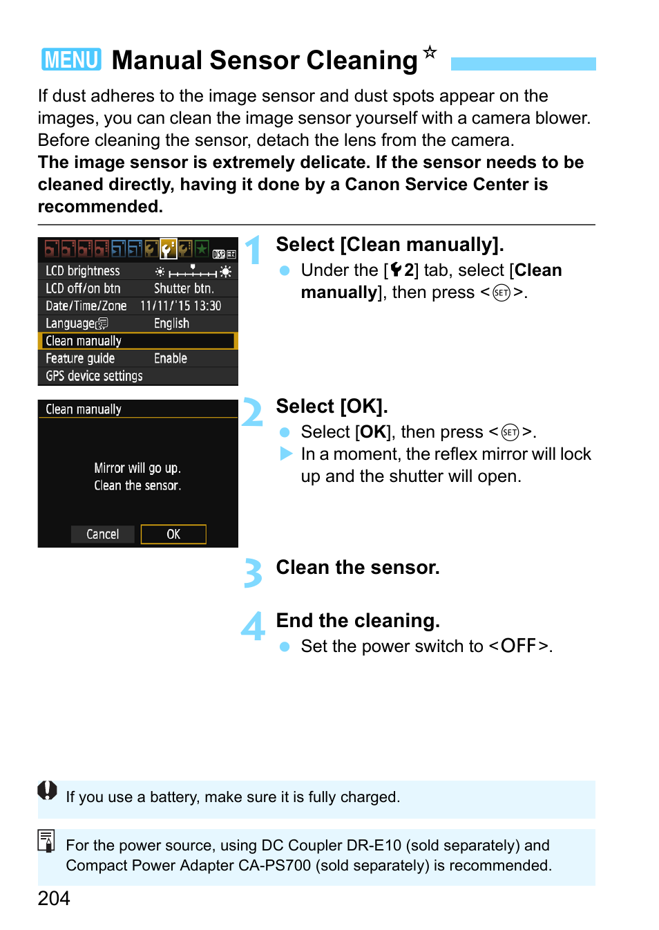 Manual sensor cleaning, P.204, 3manual sensor cleaning n | Canon EOS 1300D User Manual | Page 204 / 326