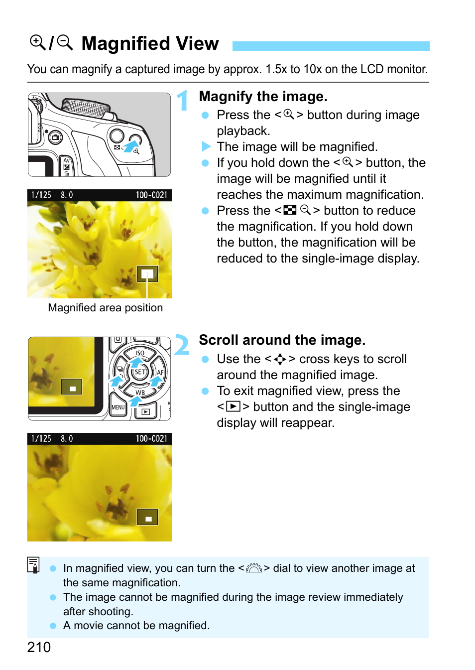 Magnified view, P.210, U/ y magnified view | Canon EOS 1300D User Manual | Page 210 / 326