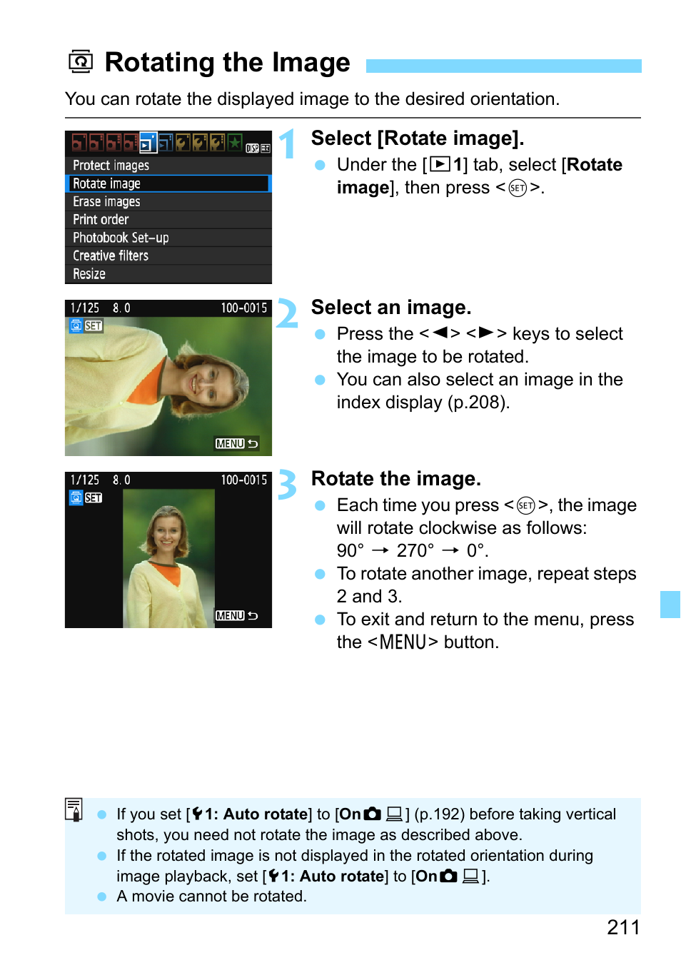Rotating the image, P.211, Brotating the image | Canon EOS 1300D User Manual | Page 211 / 326
