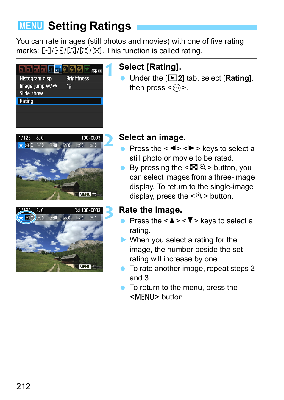 Setting ratings, P.212, 3setting ratings | Canon EOS 1300D User Manual | Page 212 / 326
