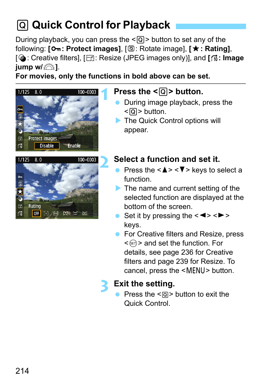 Quick control for playback, P.214, Qquick control for playback | Canon EOS 1300D User Manual | Page 214 / 326