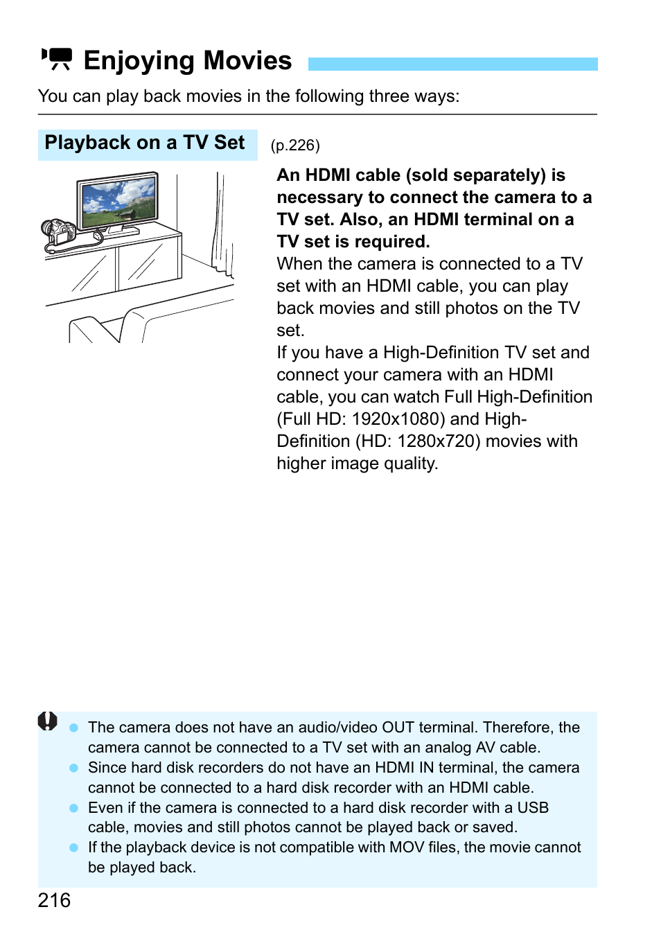 Enjoying movies, Kenjoying movies, Playback on a tv set | Canon EOS 1300D User Manual | Page 216 / 326