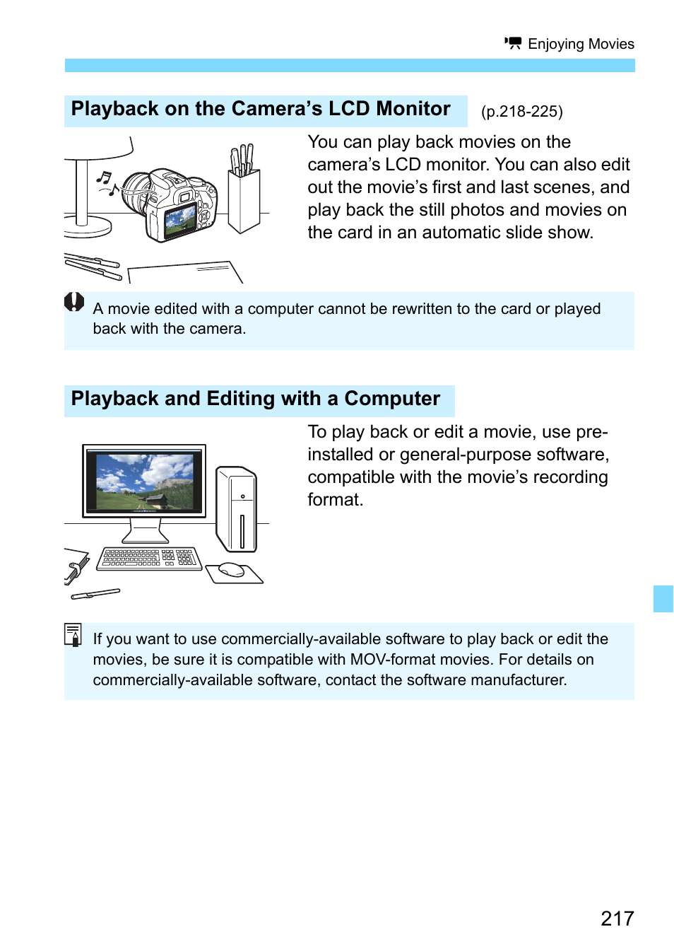 Playback on the camera’s lcd monitor, Playback and editing with a computer | Canon EOS 1300D User Manual | Page 217 / 326