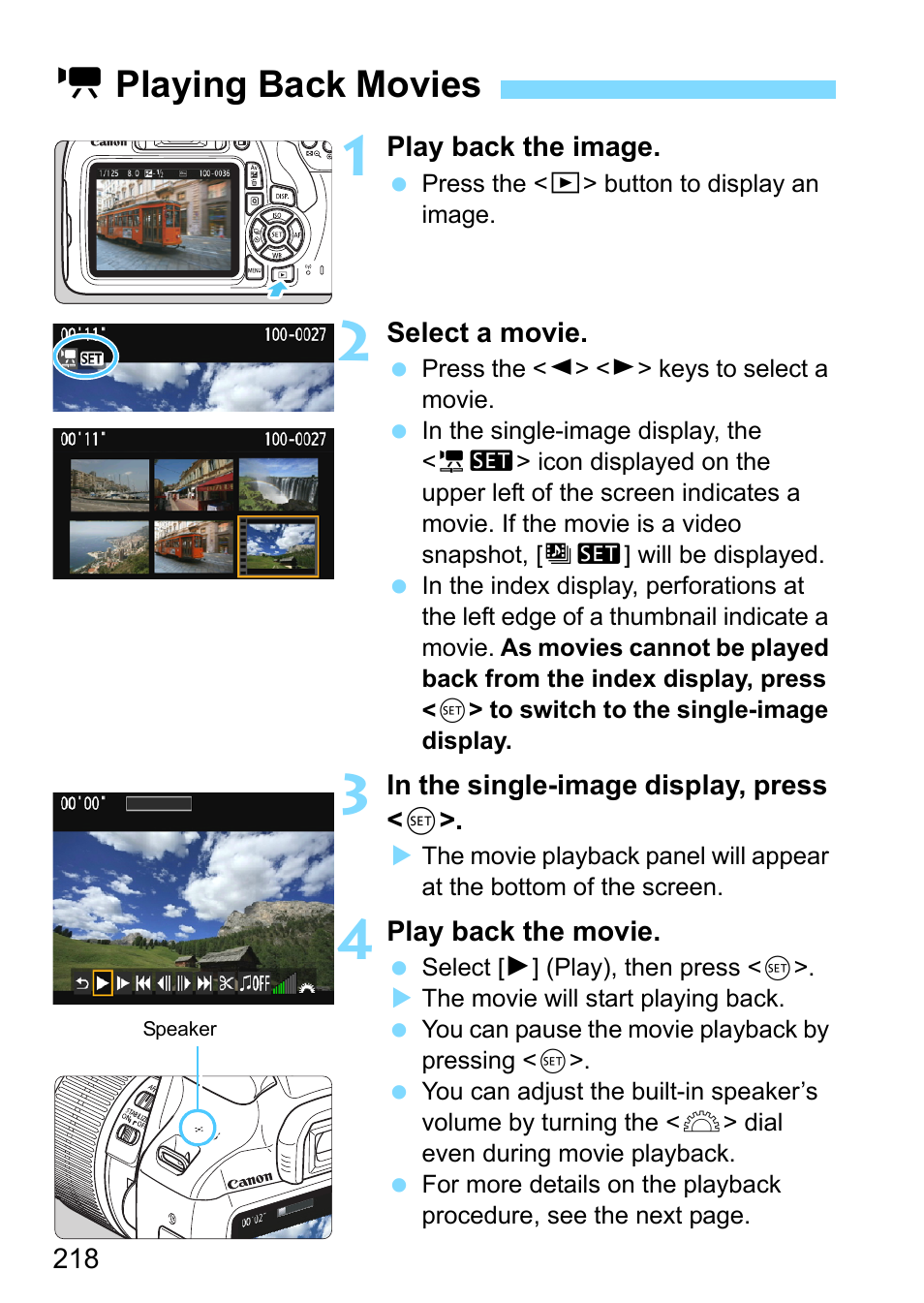 Playing back movies, P.218, Kplaying back movies | Canon EOS 1300D User Manual | Page 218 / 326